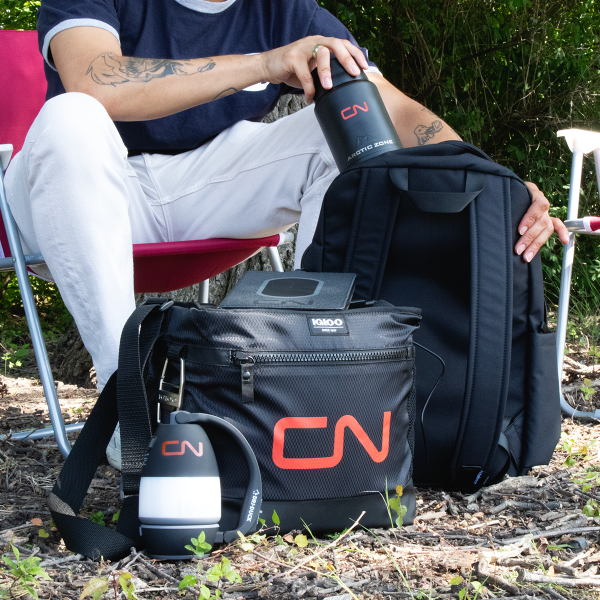 Team in branded apparel on location