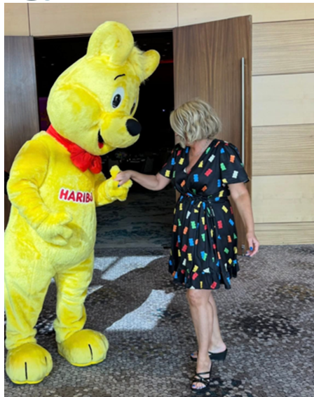 The custom Haribo-branded dress, greeting the Haribo mascot