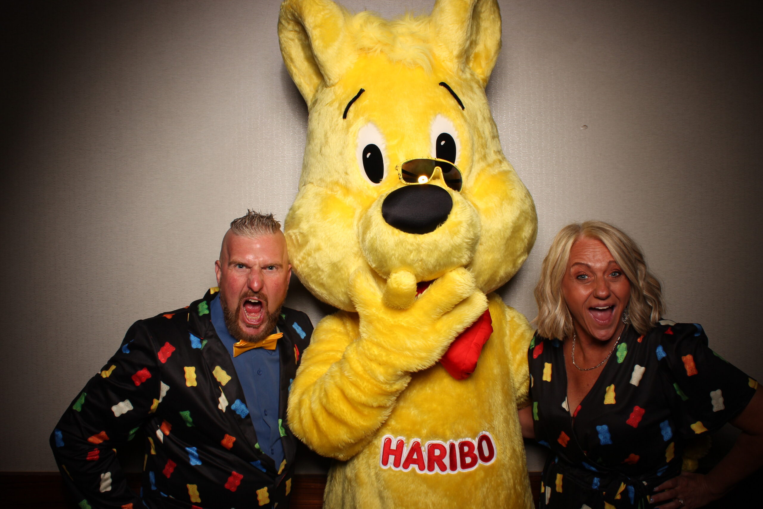 Employees with the Haribo Goldbear mascot