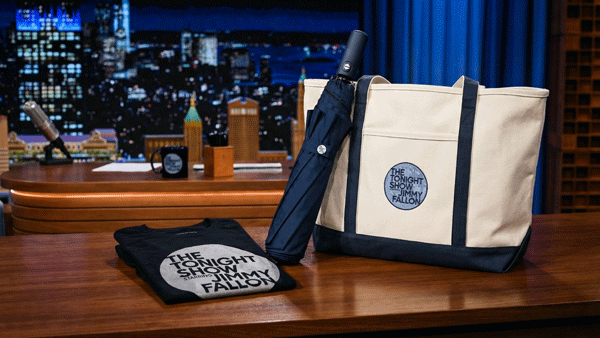 Branded merchandise displayed on a table