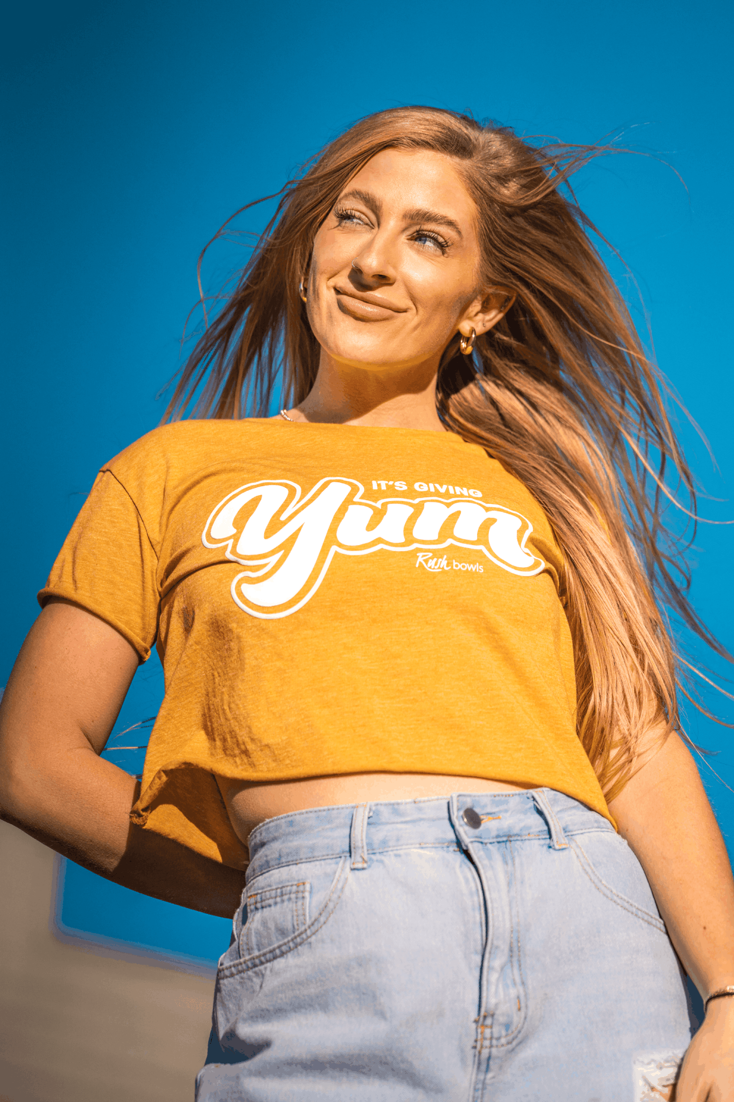 Team in branded apparel on location