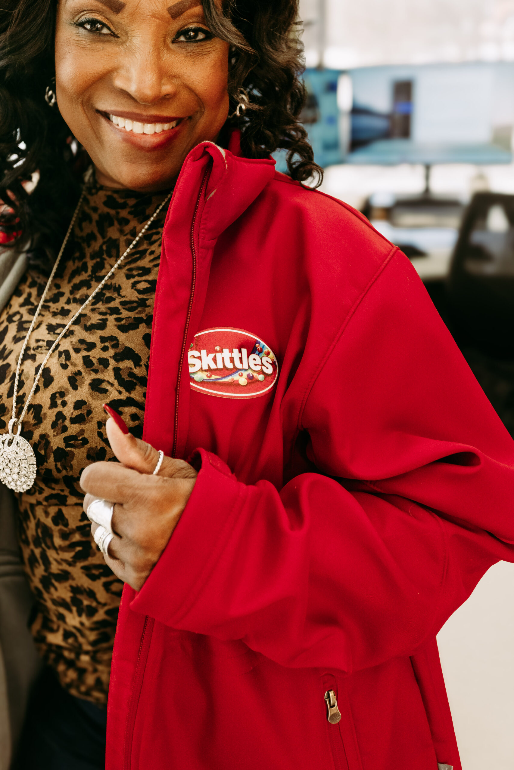 Team in branded apparel on location