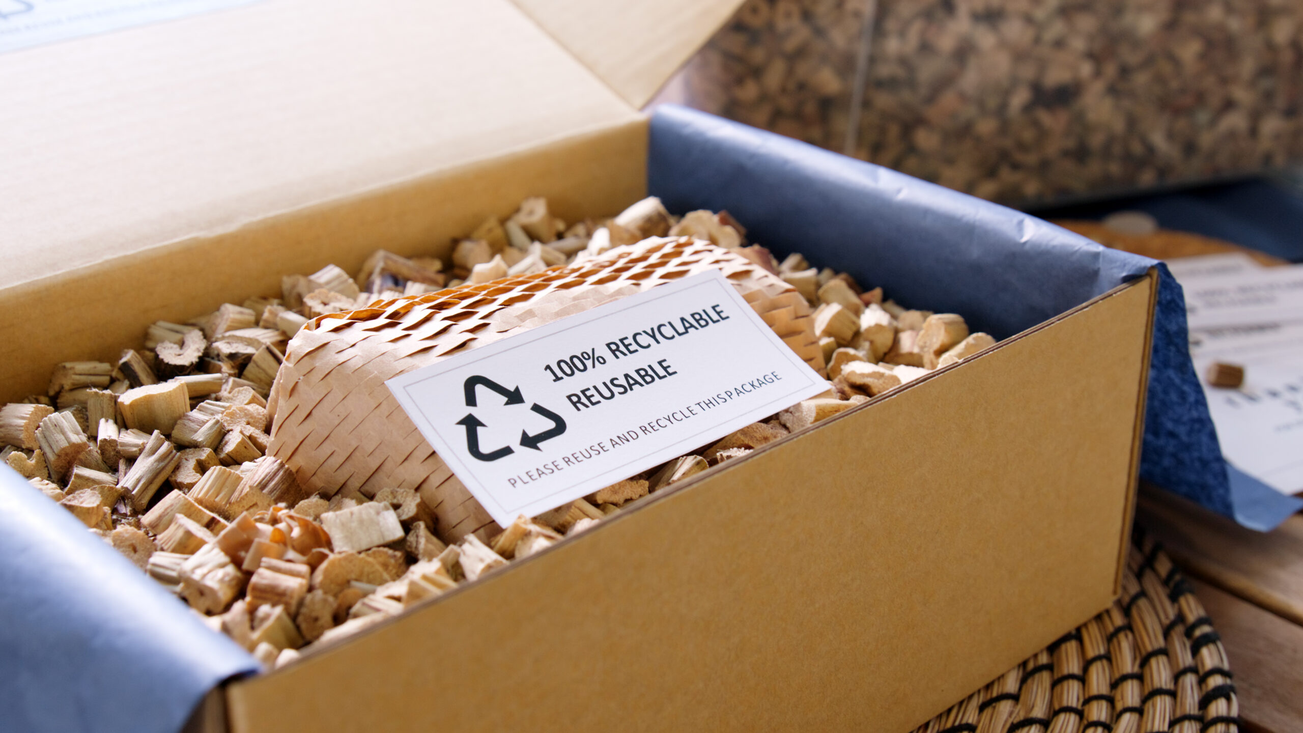 Recyclable, reusable packaging in a shipping box